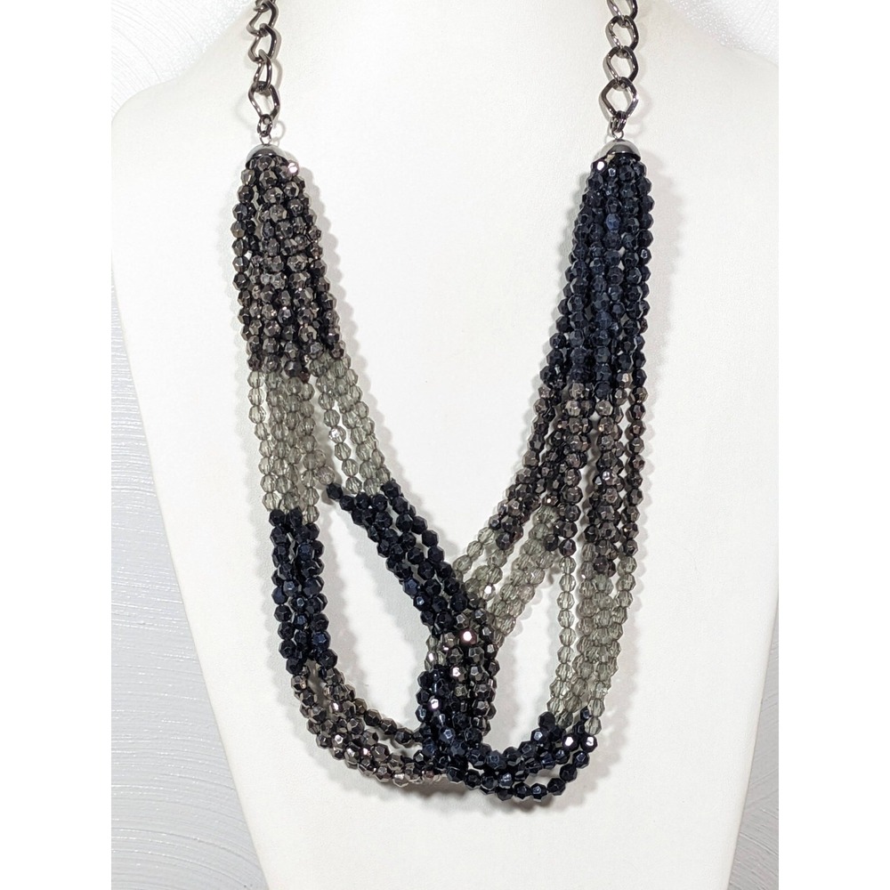 Black Gray Ombre‎ Multi Strand Beaded Statement Necklace 30"